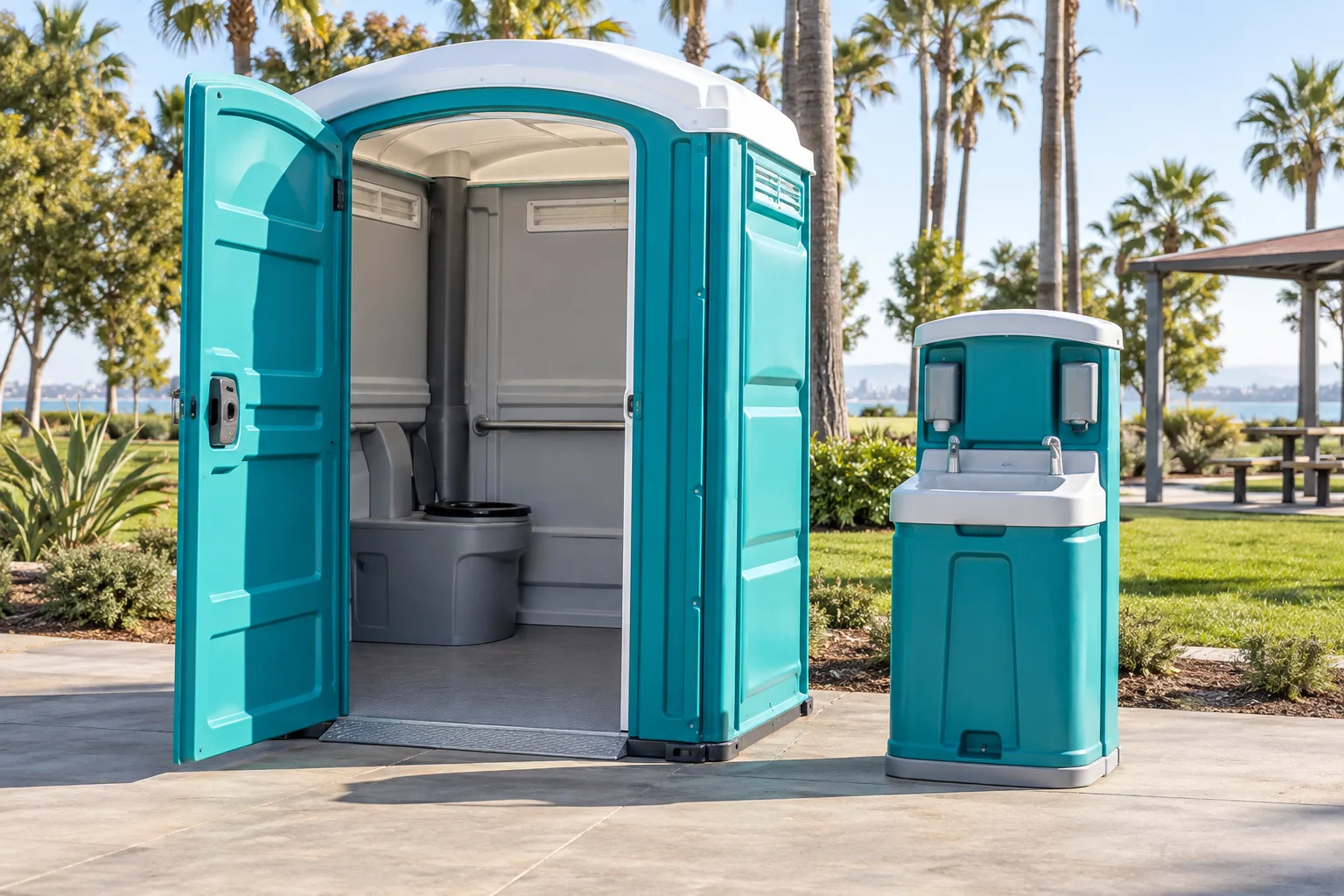 Illustration of a wide-access portable restroom and handwashing station on level ground