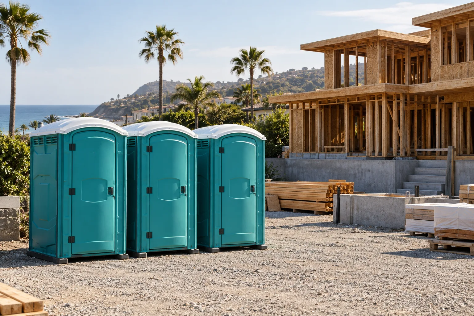 Illustration of teal portable toilets beside a tidy California construction site