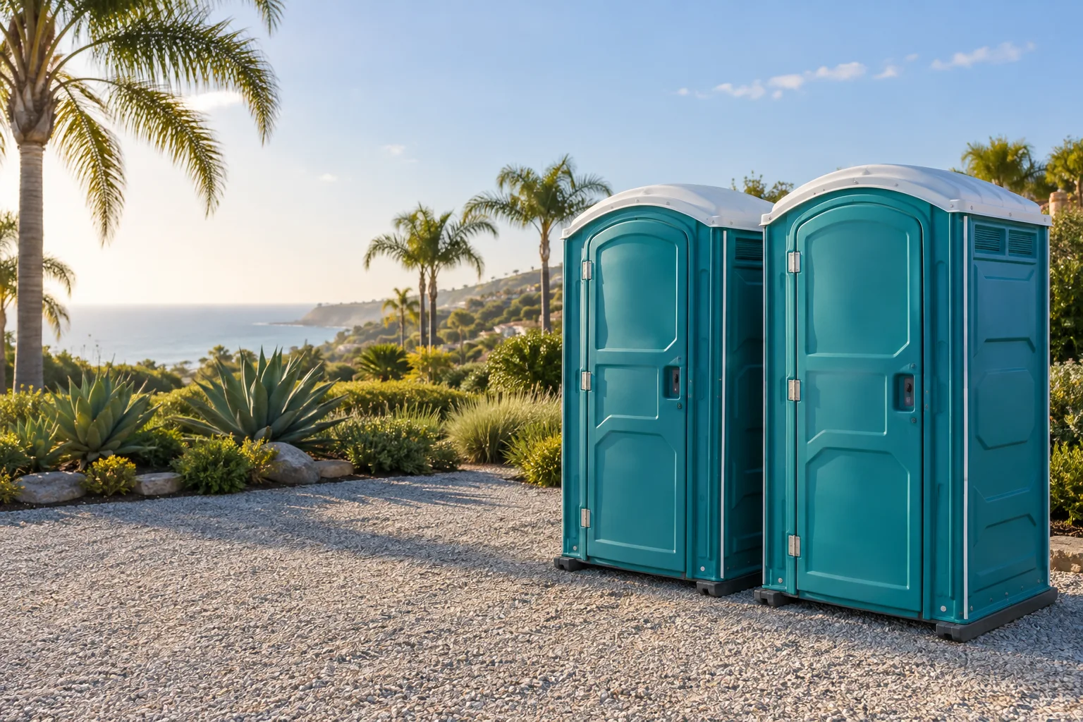 Illustration of clean teal portable restrooms in a Southern California coastal landscape