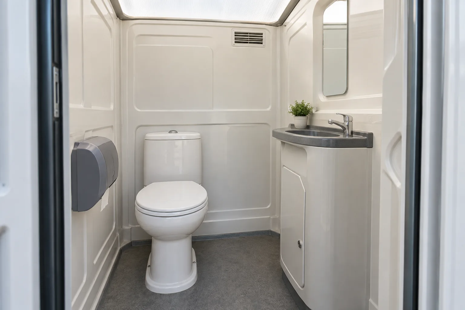 Illustration of a clean flushable portable restroom interior with a handwash basin