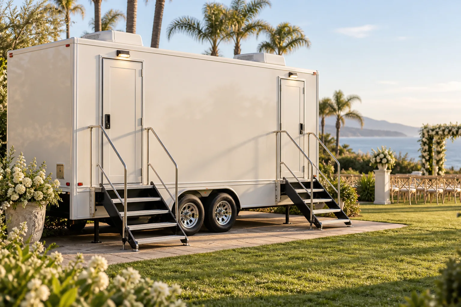 Illustration of a luxury restroom trailer beside an outdoor wedding garden